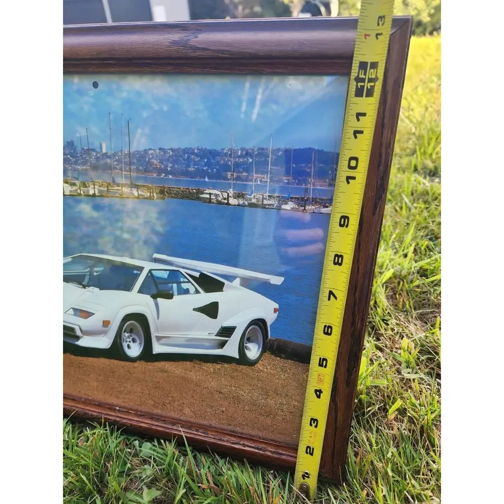 VINTAGE 1989 WHITE LAMBORGHINI COUNTACH WOODEN FRAMED PRINT